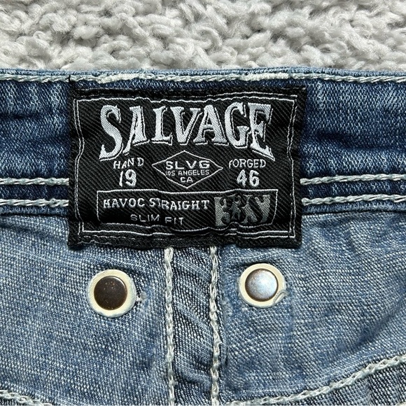 Salvage Jeans Mens 33 Havoc Straight Slim Fit Big Stitch Distressed Holes Party - Picture 2 of 4